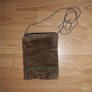 Brown Suede Crossbody Bag with Beaded Accent